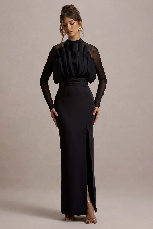 Maxi dress with frilly details-Alder | Black Mesh Long-Sleeve Ruffled Split Maxi Dress