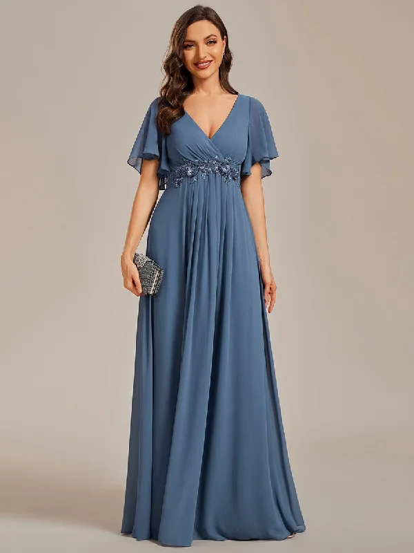 Maxi dress with wild prints-Gentle Iris | Ruffles Sleeve A-Line Chiffon Waist Applique Maxi Wedding Guest Dress