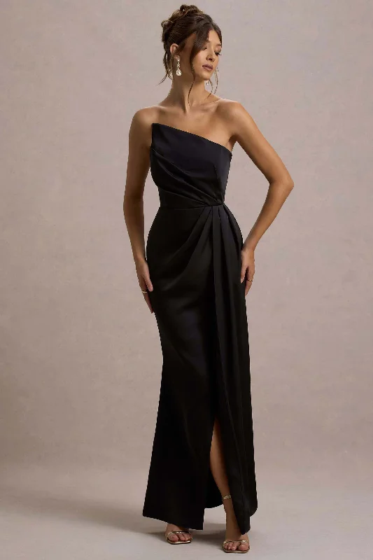 Maxi dress with flared skirt-Cairo | Black Satin Strapless Draped Maxi Dress