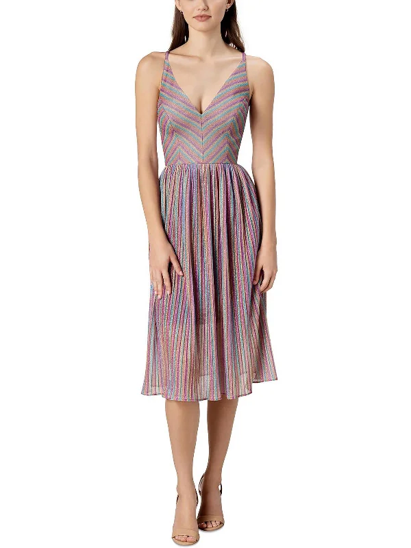 Midi dress for cocktail parties-Womens Metallic Midi Cocktail and Party Dress