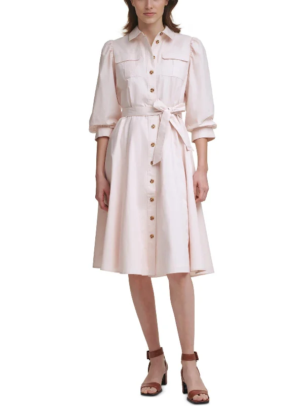 Midi dress with drawstring waist-Womens Cotton Midi Shirtdress