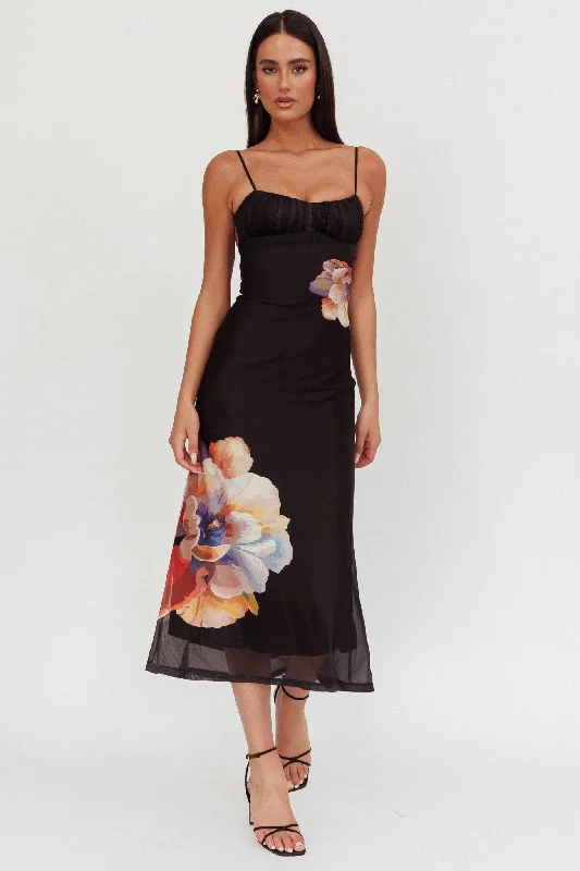 Maxi dress with sporty look-Nerida Gathered Bust Maxi Dress Flowers Black