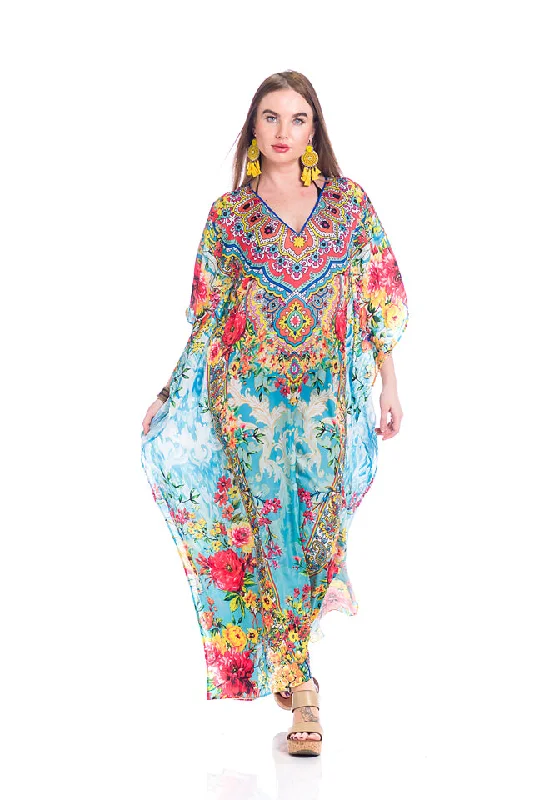 Maxi dress with sporty look-Turquoise kaftan maxi, -658