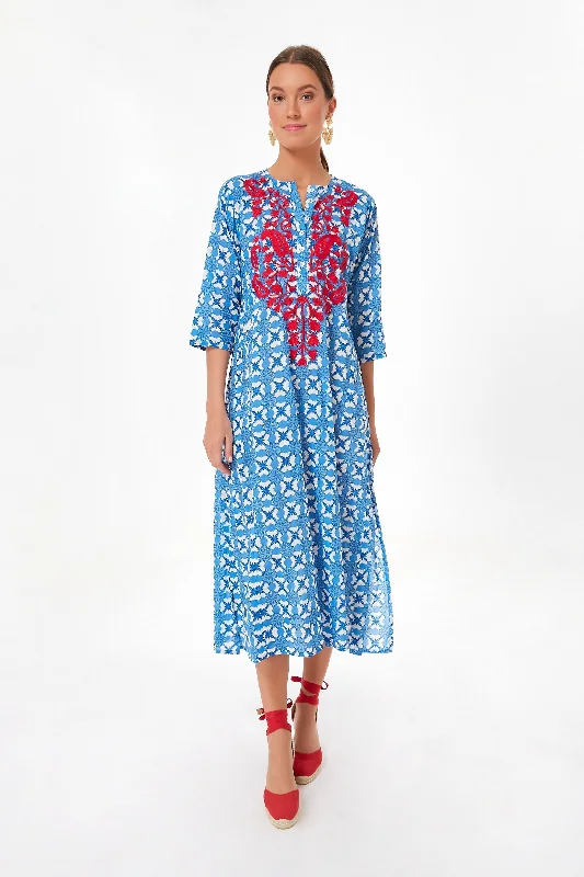 Maxi dress with spaghetti straps-Blue Barbados Embroidered Long Kurta