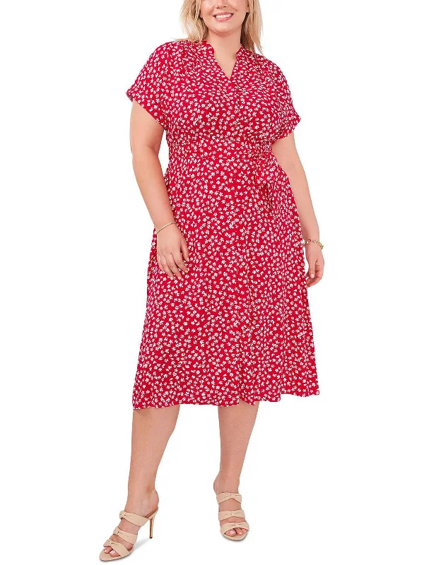 Midi dress with voluminous sleeves-Plus Womens Floral Midi Shirtdress