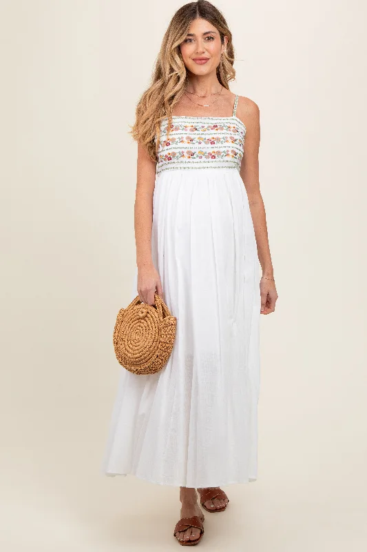 Maxi dress with satin fabric-Multi-Color Floral Embroidered Lace-Up Back Maternity Maxi Dress