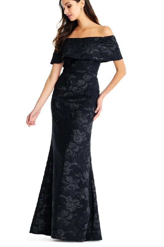 Maxi dress with mesh insert-AIDAN MATTOX-BLACK OFF THE SHOULDER LONG DRESS