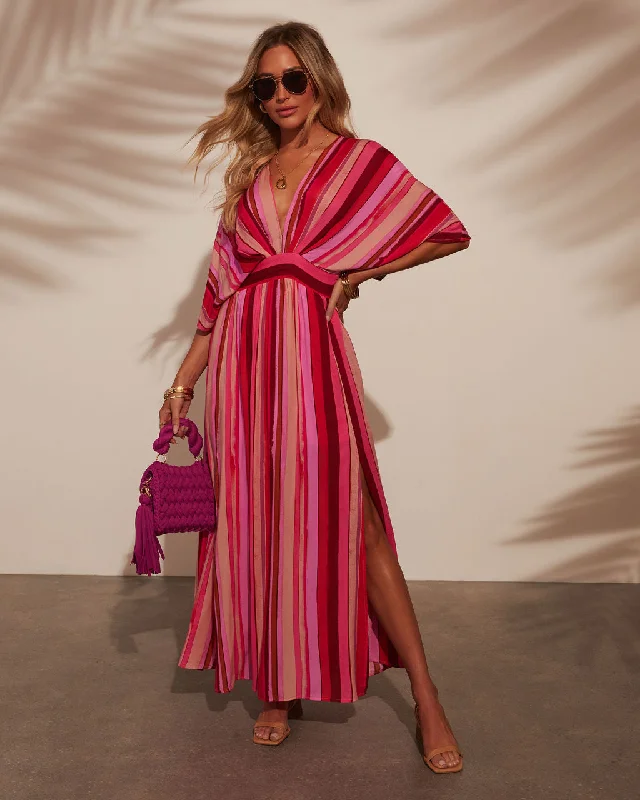 Maxi dress with modern design-Kadie Striped Kimono Sleeve Maxi Dress