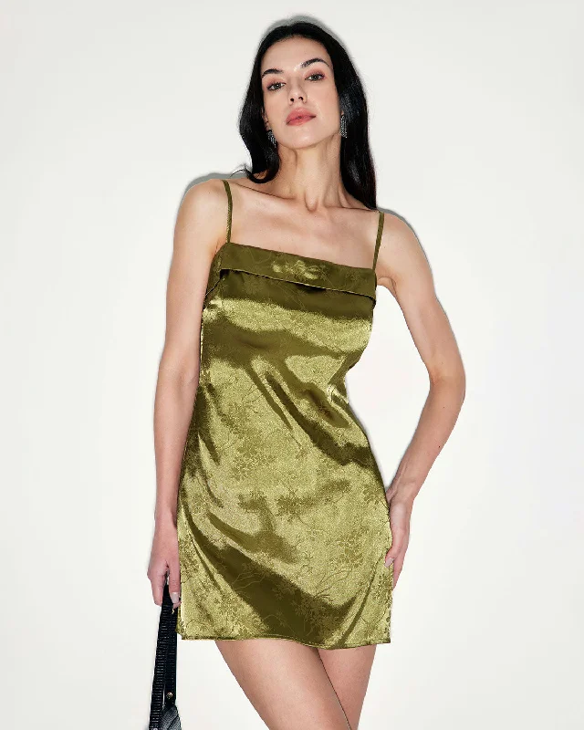 Sequin mini dress-Green Jacquard Satin Slip Mini Dress