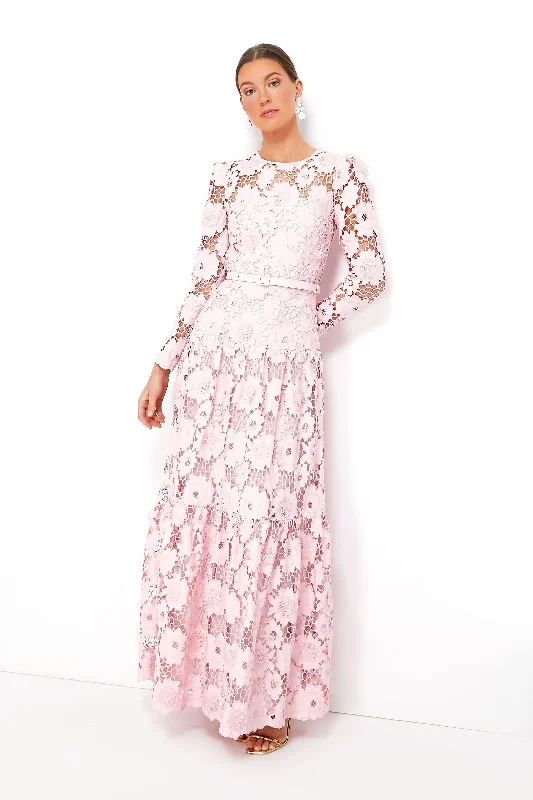 Maxi dress with button front-Pink 3D Cotton Lace Maxi Dress