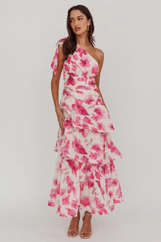 Maxi dress with spaghetti straps-Kenny One Shoulder Tiered Floral Maxi Dress Pink