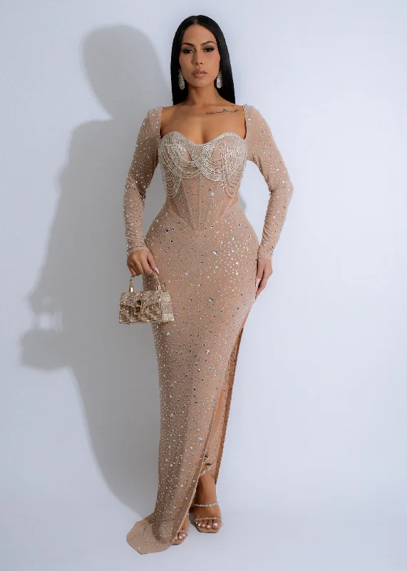 Maxi dress with puff sleeves-Stardust Symphony Rhinestones Maxi Dress Nude