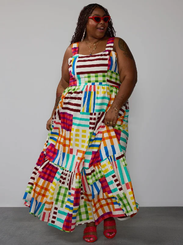 Maxi dress with bold colors-Plus Patchwork Tiered Maxi Dress