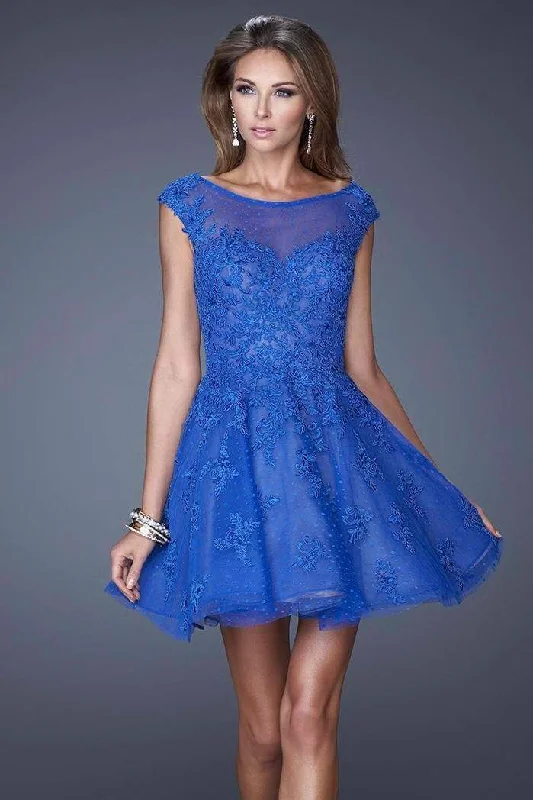 Cocktail dress with slit-La Femme - Bateau Lace A-Line Cocktail Dress 20591 - 1 pc Electric Blue In Size 0 Available