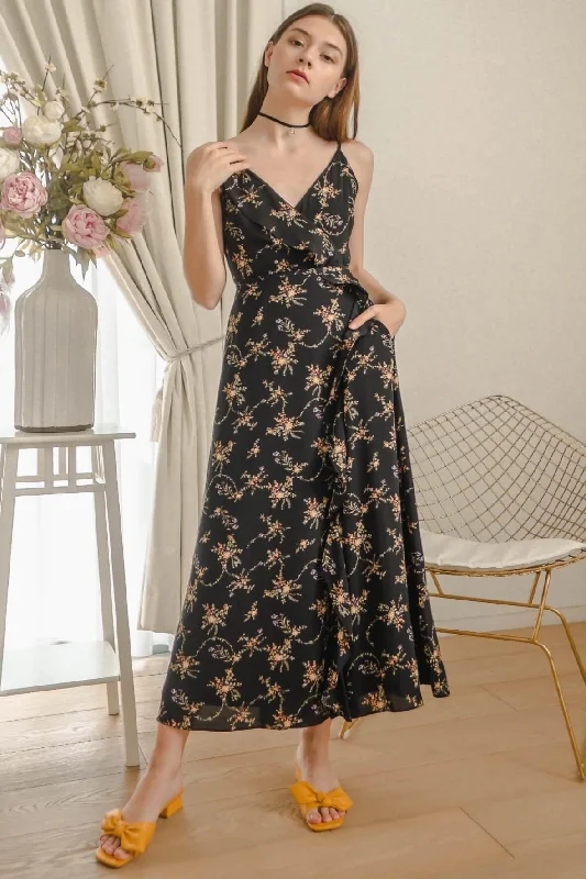 Elegant black maxi dress-Billow Floral Black Wrap Maxi Dress