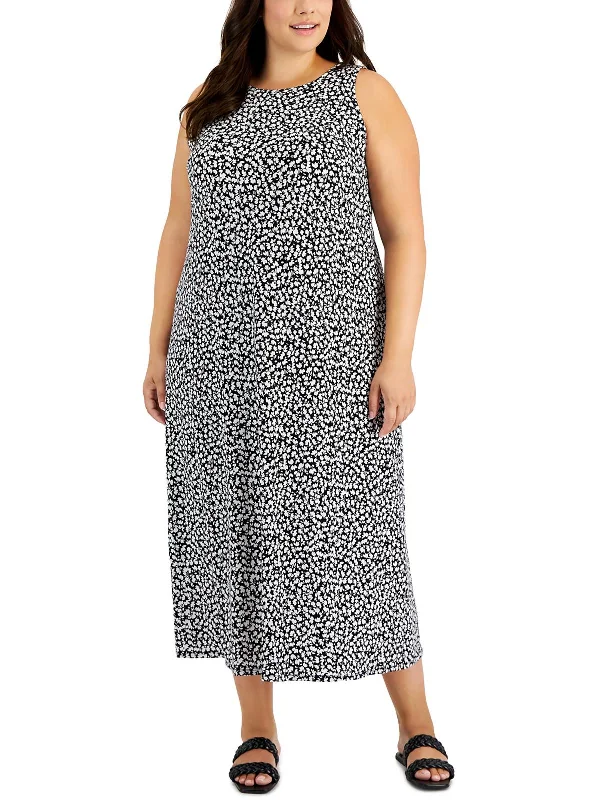 Midi dress with drawstring waist-Plus Womens Printed Long Midi Dress