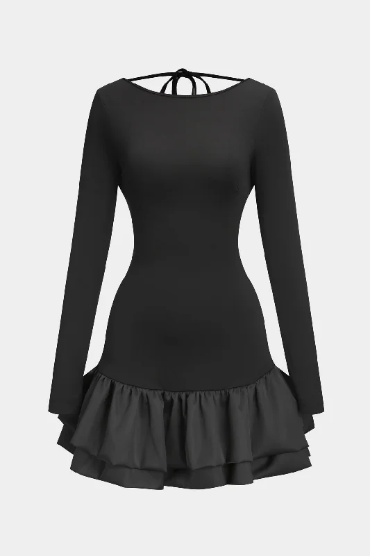 Casual chic mini dress-Tie Backless Long Sleeve Mini Dress