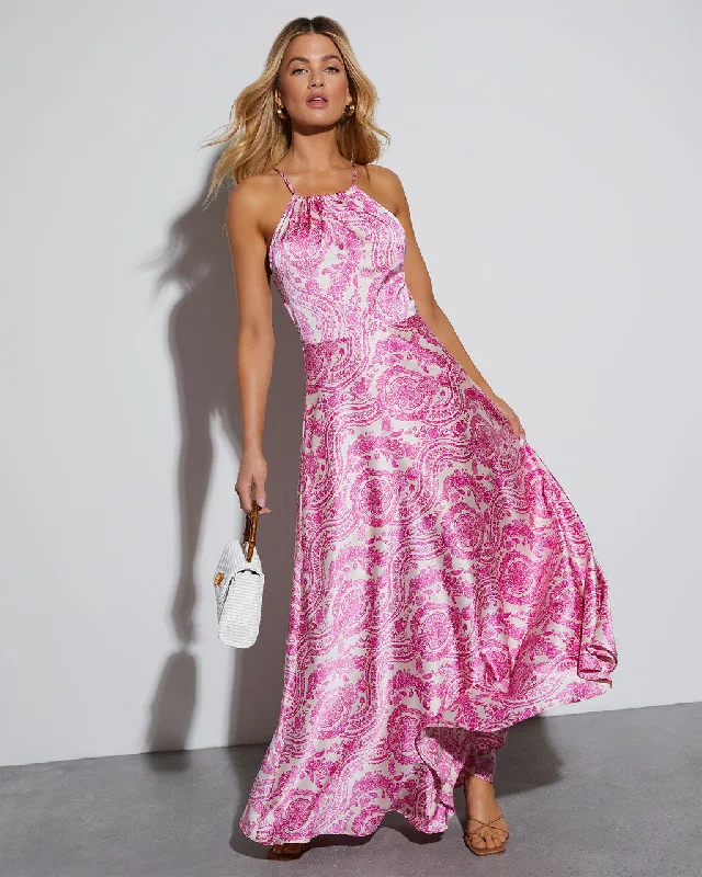 Maxi dress with sporty look-Maxine Satin Paisley Halter Maxi Dress