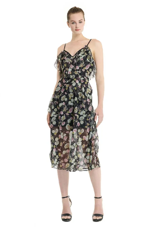 Maxi dress with animal print-Black Ruffled Maxi Dress With Multicolour Floral Prints