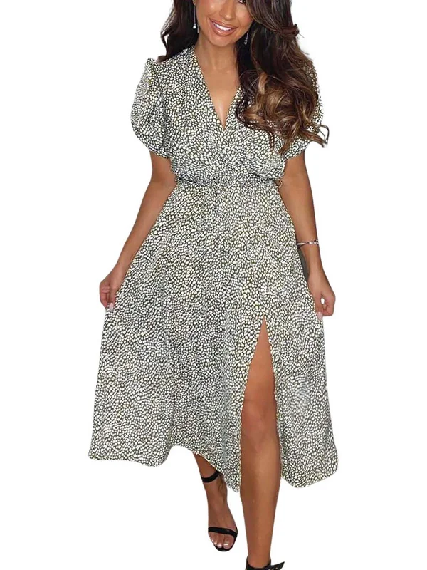 Midi dress with beaded details-Womens Puff Sleeve Calf Midi Dress