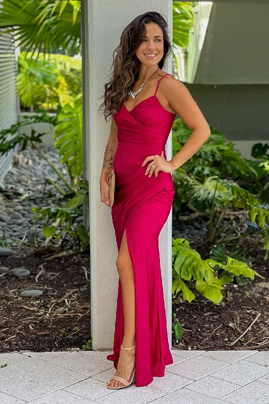 Maxi dress with faux leather-Deep Red Maxi Dress With Slit