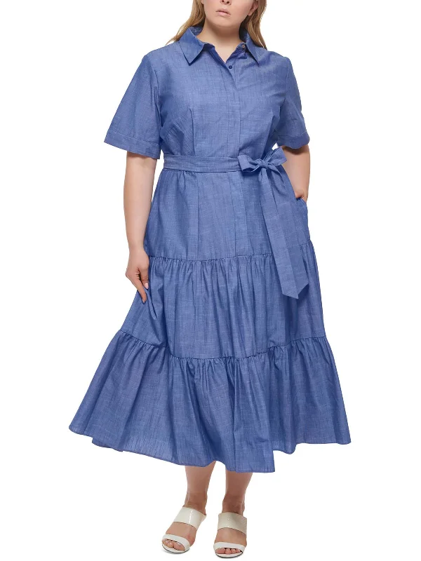 Midi dress with trumpet sleeves-Plus Womens Chambray Midi Shirtdress