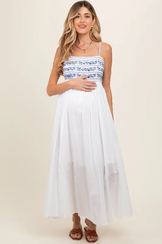 Maxi dress with ruffled hem-Navy Blue Floral Embroidered Lace-Up Back Maternity Maxi Dress