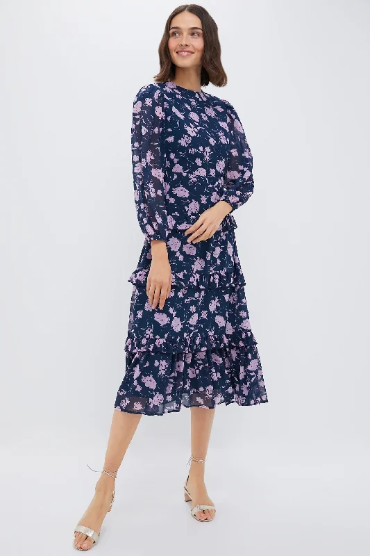 Maxi dress for summer-Navy & Blush Abstract Floral Rosalind Ruffle Maxi Dress