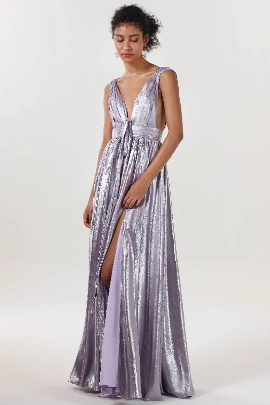 Maxi dress with lace-up front-A-line Maxi Metallic Formal Dress CS0648