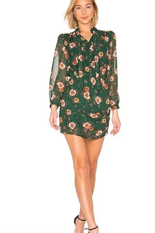 Youthful look mini dress-Green Mini Dress With Long Sleeves & Multicolour Floral Prints