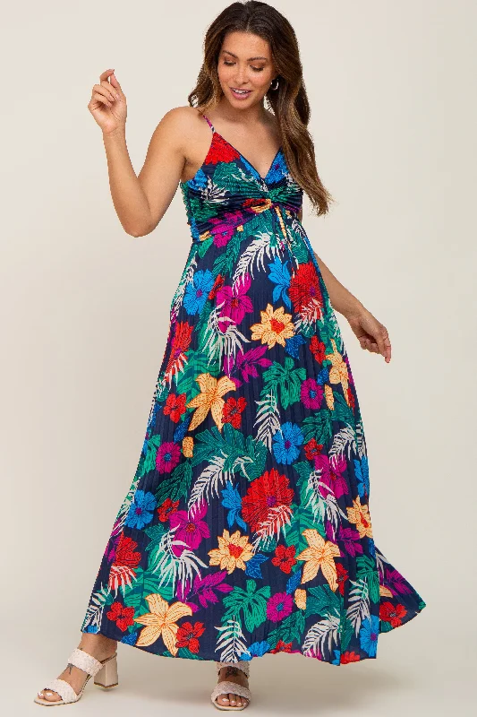 Maxi dress with zen vibes-Black Tropical Floral Satin Pleated Maternity Maxi Dress