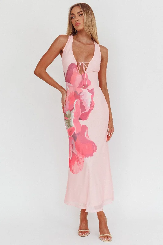 Maxi dress with trumpet sleeves-Cinders Tied Plunging Neckline Maxi Dress Flower Pink