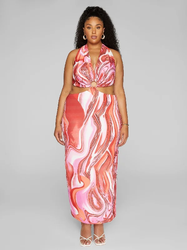 Maxi dress with tropical print-Fashion To Figure - Callie Swirl Print O-Ring Maxi Dress