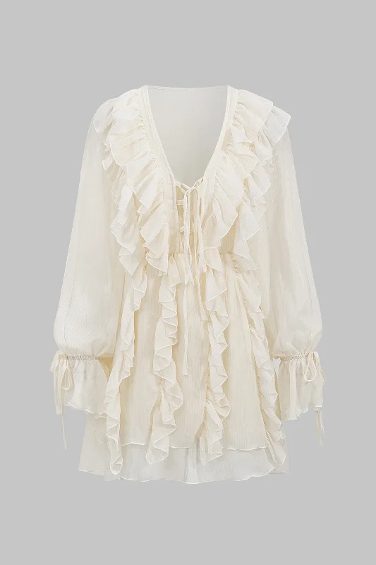 Fringe mini dress-Chiffon Ruffle V-Neck Long Sleeve Mini Dress