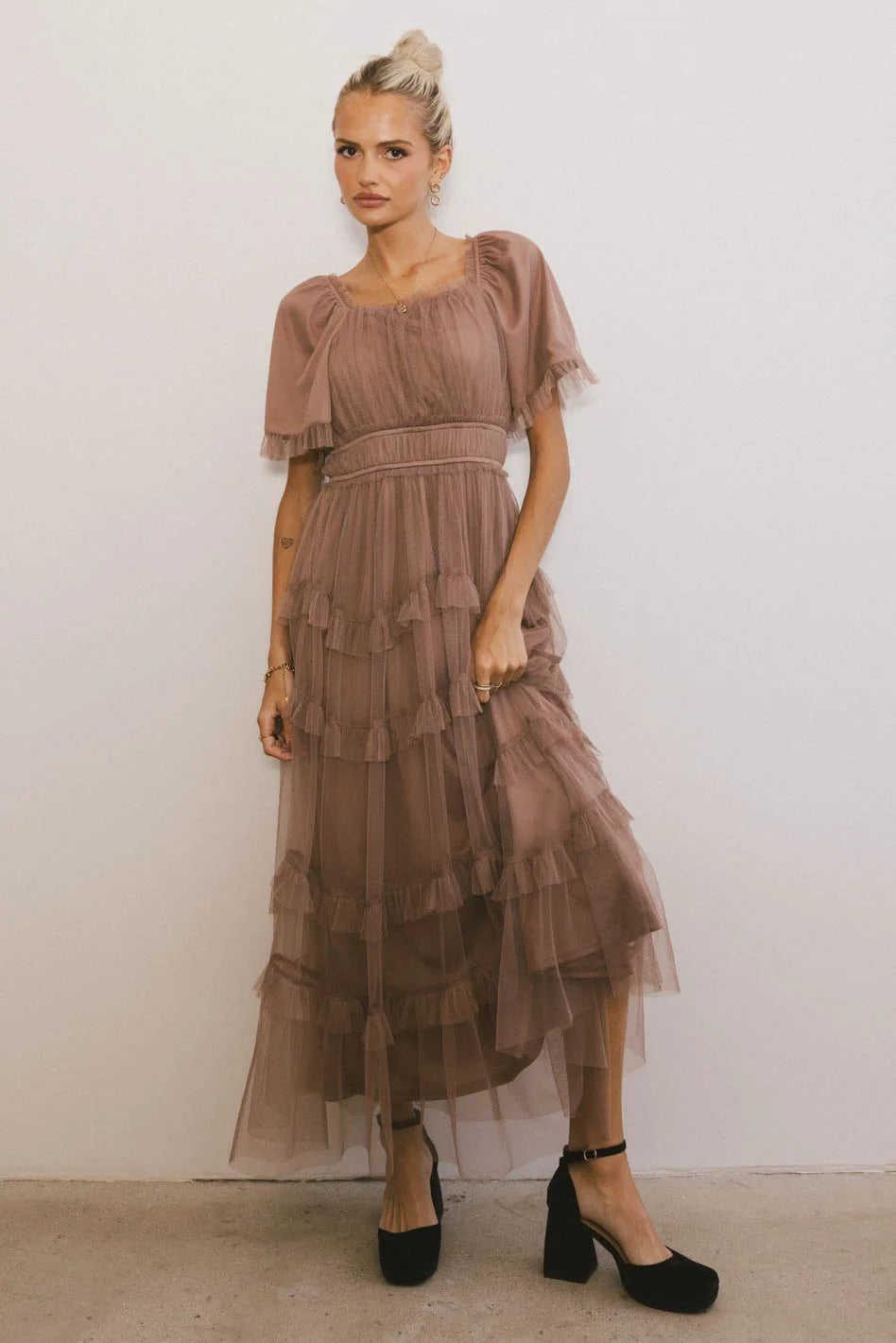 Maxi dress with elastic waistband-Eugena Ruffled Maxi Dress in Mocha