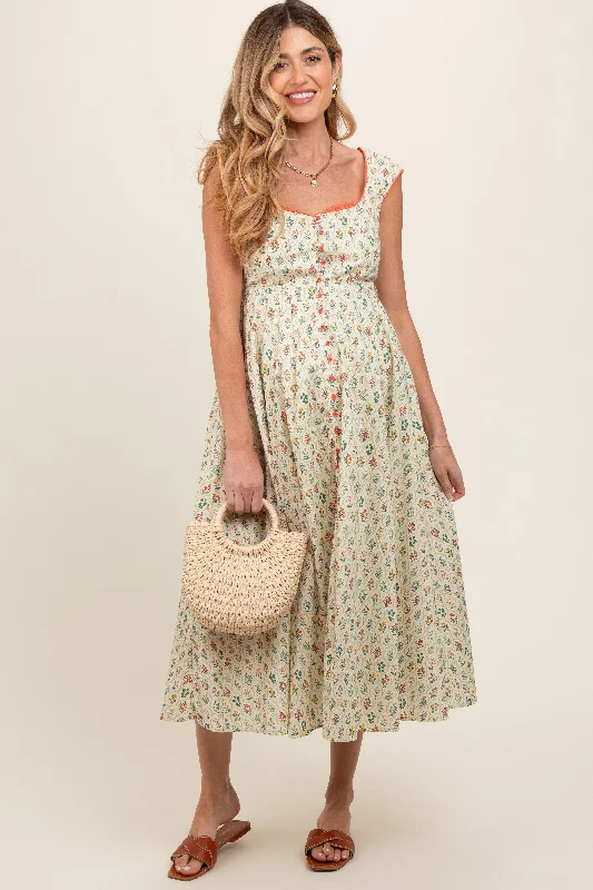 Maxi dress with sequin embellishments-Cream Floral Button Front Sleeveless Maternity Maxi Dress