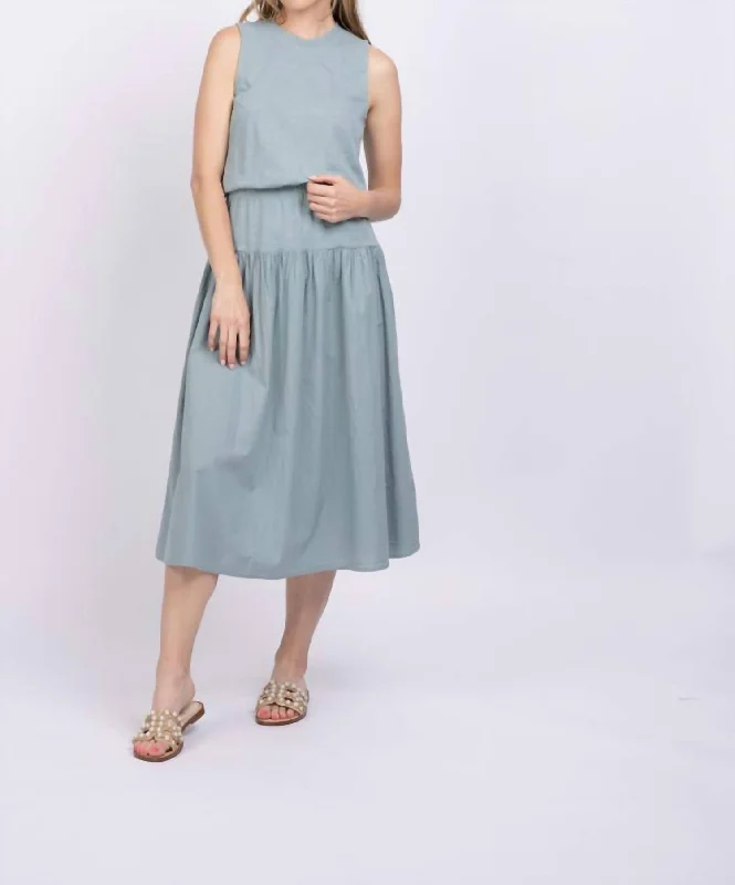 Midi dress with bell sleeves-Callie Combo Midi Dress In Dusty Blue