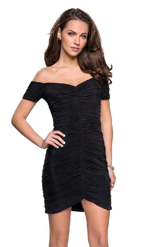 Cocktail dress with empire waist-La Femme - Ruched Off-Shoulder Sheath Cocktail Dress 26742