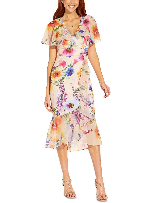 Midi dress with cold shoulder-Womens Floral Print Faux Wrap Midi Dress