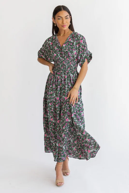 Maxi dress with illusion sleeves-Daria Green Floral Maxi Dress