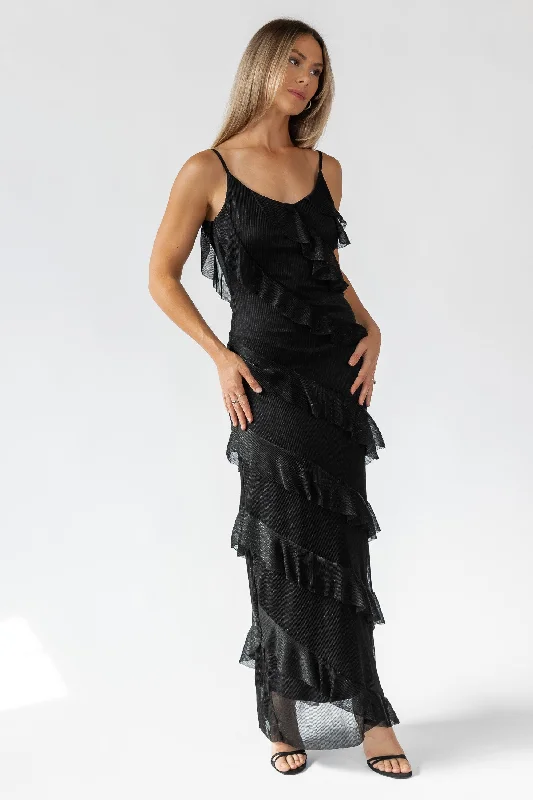 Maxi dress with metallic finish-Caelyn Black Metallic Ruffle Maxi Dress - Final Sale