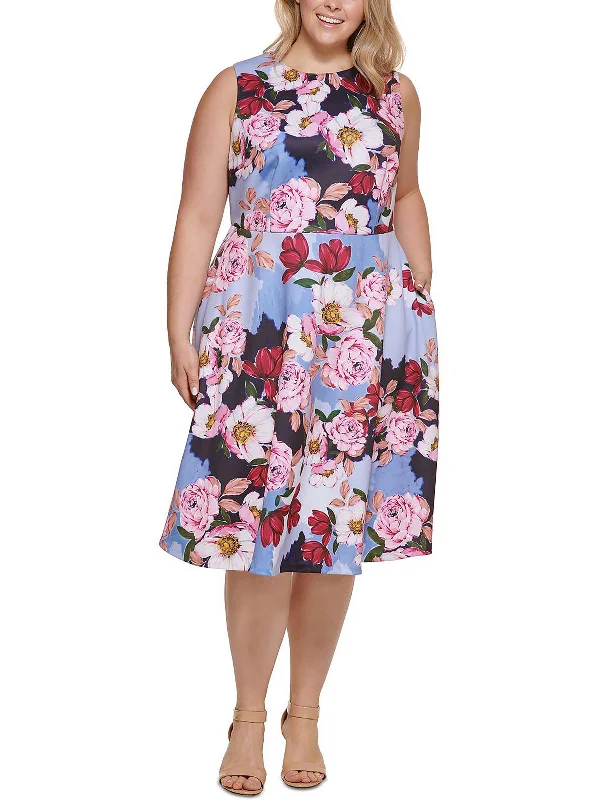 Midi dress with sheer panels-Plus Womens Floral Print Midi Fit & Flare Dress