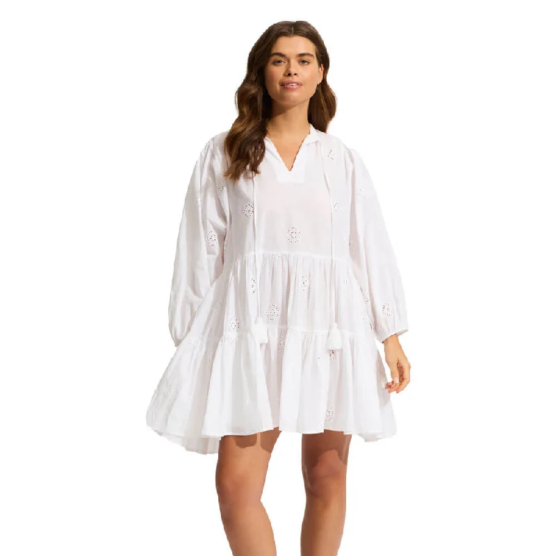 Boho mini dress-Seafolly Embroidery Tier Mini Dress Mini Dress Cover Up - White