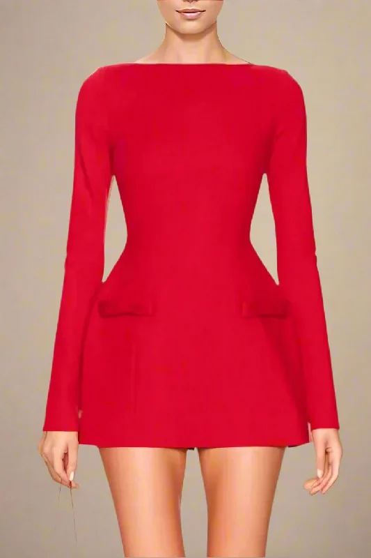 Halter neck mini dress-Zena Long Sleeve Bodycon Mini Dress - Lipstick Red