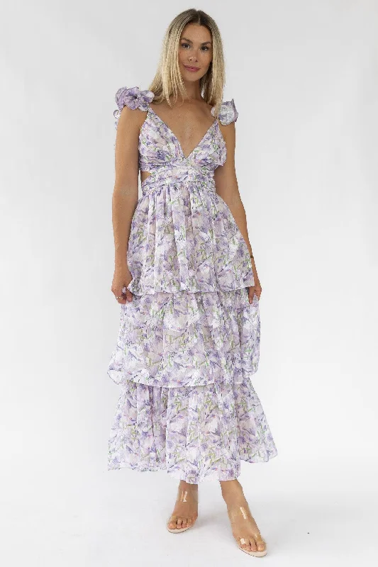 Maxi dress with eyelet fabric-Carmen Purple Floral Maxi Dress