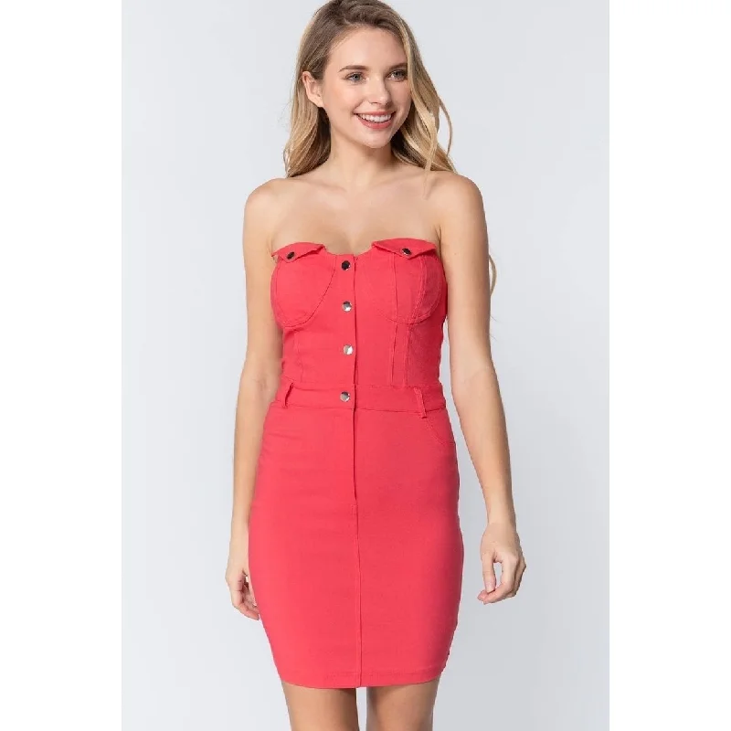 Embroidered mini dress-Strapless Button Down Mini Dress