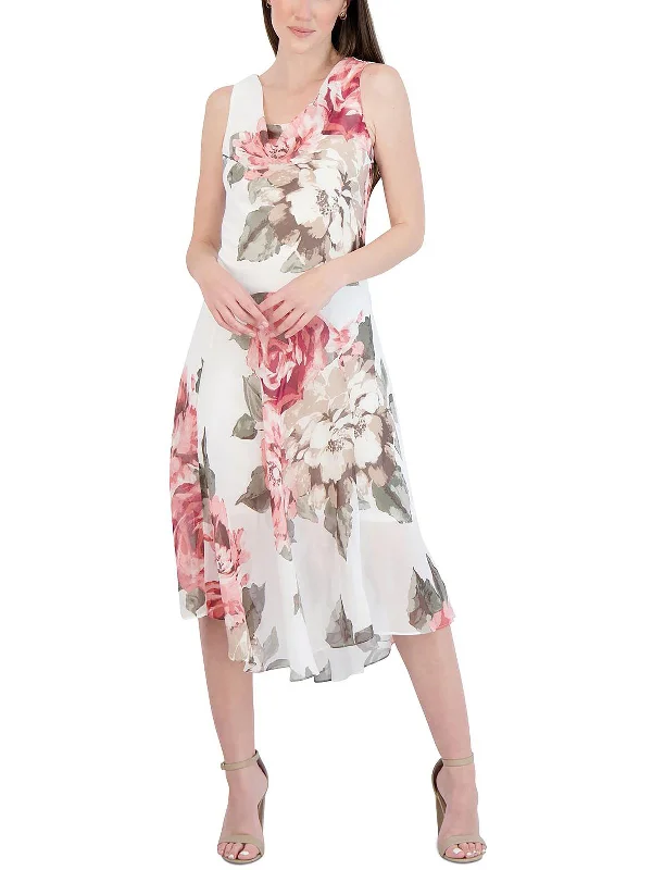 Midi dress with high neckline-Petites Womens Chiffon Floral Midi Dress