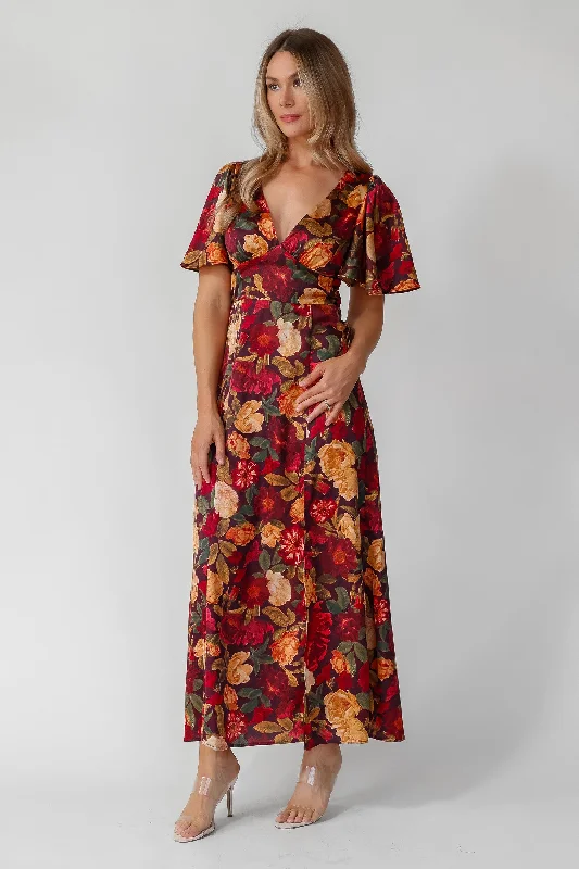 Maxi dress with V-neckline-Birdie Burgundy Floral Maxi Dress - Final Sale