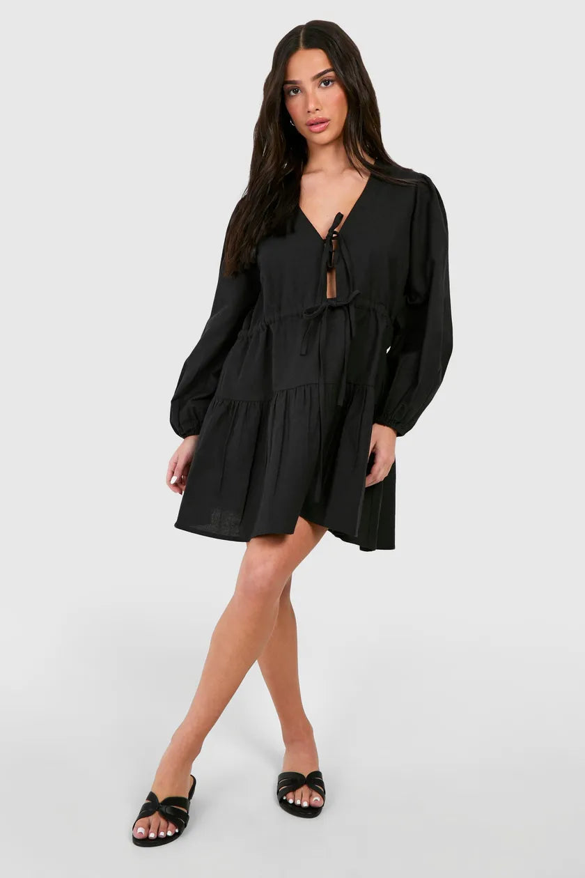 Pleated mini dress-Petite Linen Look Tie Detail Mini Dress Black