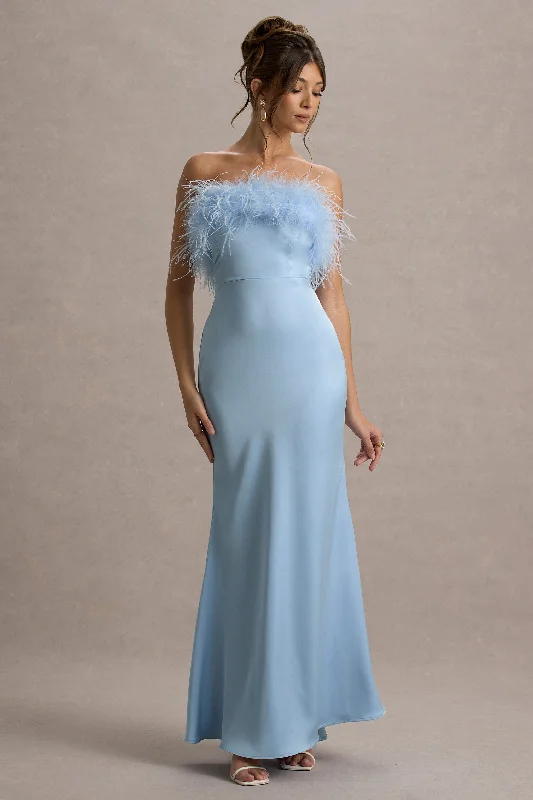 Maxi dress with eyelet fabric-Dress For It | Powder Blue Satin Feather Trim Maxi Dress